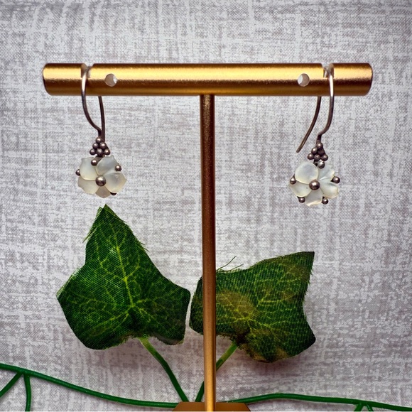 Vintage Jewelry - Antique Sterling Silver Floral Drop Earrings with Carved Pearl Petals